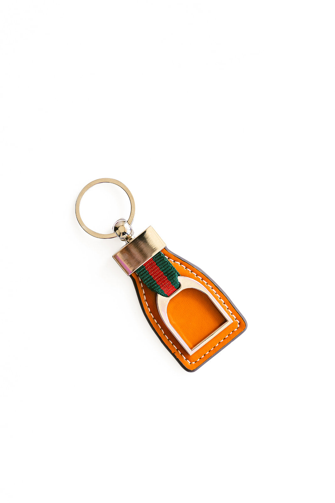 Esprit tan leather stirrup key chain with green and red striped strap