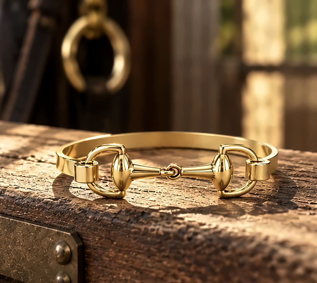 Gold snaffle bit bracelet lying flat on a wooden tack trunk in the barn