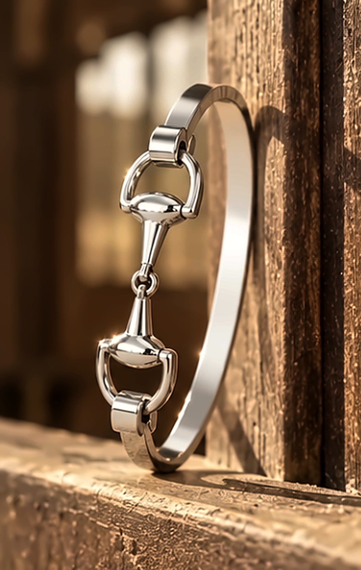 Silver snaffle bit bracelet standing upright on a wooden barn ledge